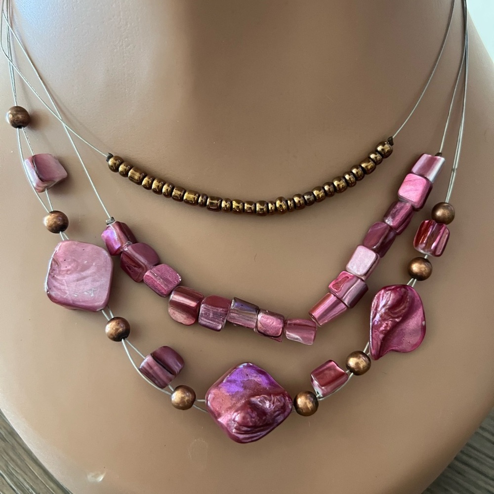 🌸Boho Multi-Strand Pink and Bronze Necklace